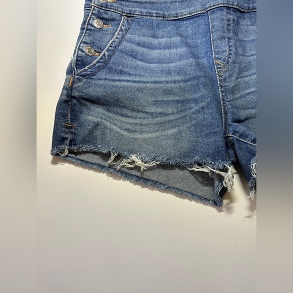 True Religion Denim Overall Shorts Raw Hem Adjustable Straps Side Buttons Large - Picture 5 of 13